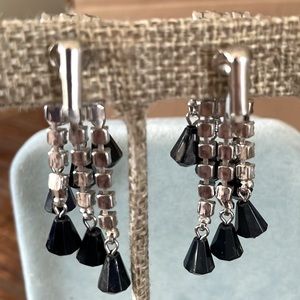 Vintage rhinestone and black beaded clip-on earrings and matching brooch